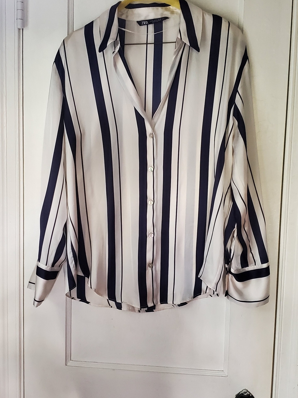 Zara Ivory and Navy Blue Vertical Stripe Button-Down Blouse